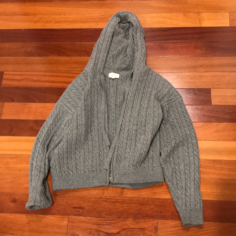 😎Fill zip up, Grey Cable-Knit Hooded Sweater